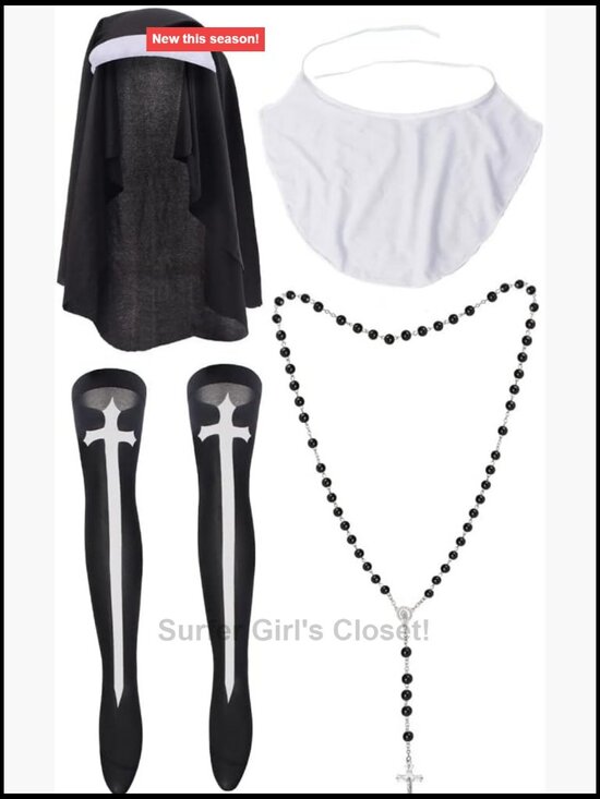 Nun Costume Accessory Set - Hat, Collar, Cross Necklace & Gothic Stockings for
